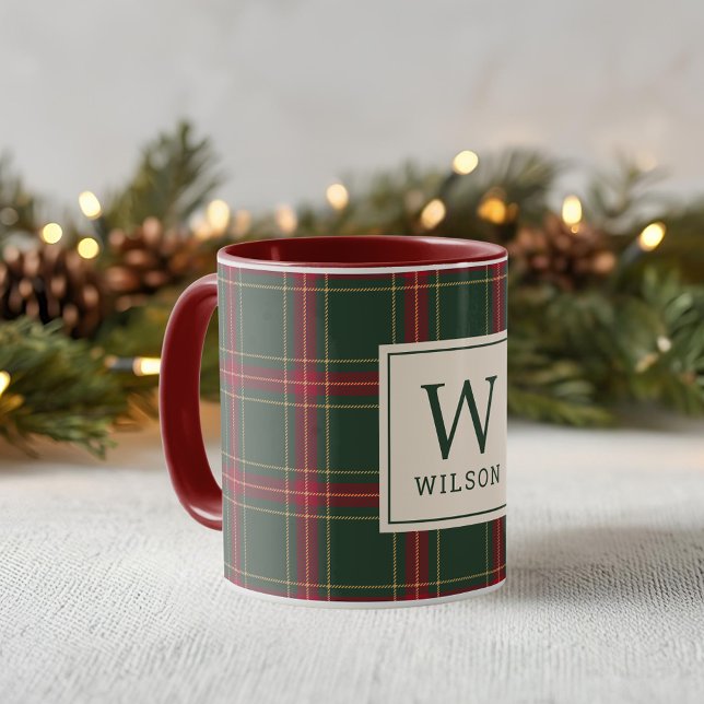 Mug Classic Noël Plaid Nom de famille Monogramme (Créateur téléchargé)