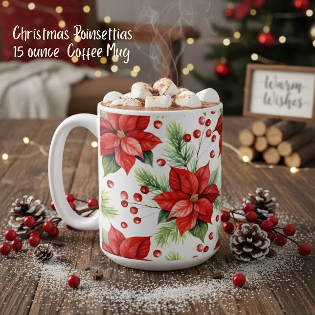 Mug Classic Rouge & Vert Noël Poinsettias (Classic Red & Green Christmas Poinsettias Holiday 15 ounce  Coffee Mug)