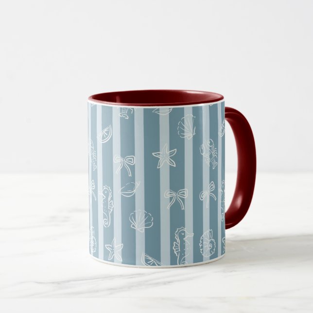 Mug Coastal Nautical Pattern | Blue Sea Shell & Seahor (Devant droit)