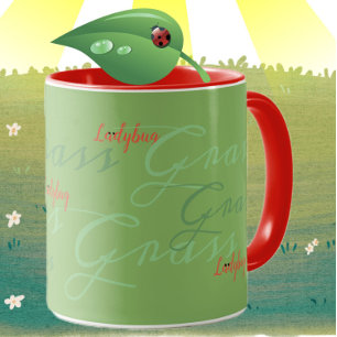 Mug Coccinelles dans l'herbe police art vert rouge mig