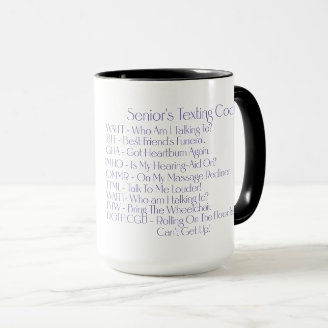 Mug "Codes textuels pour seniors" Café/Thé personnalis (Devant droit)
