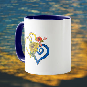 Mug Coeur bleu jaune tordu avec Bouquet de tournesol