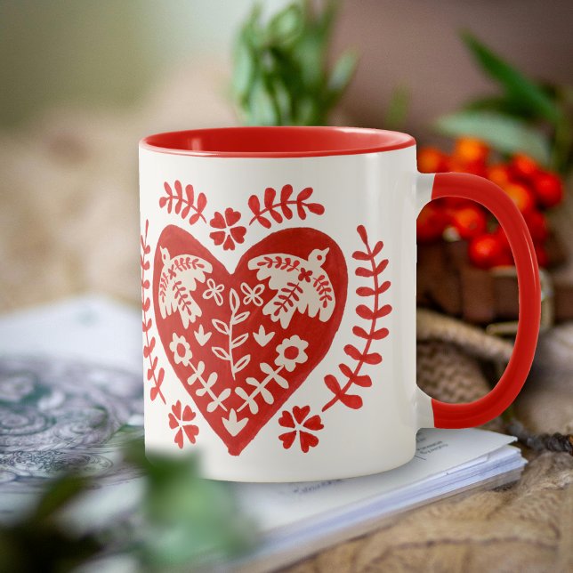 Mug Coeur d'art populaire rouge et blanc (Créateur téléchargé)