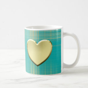 Mug Coeur d'or sur Plaid Turquoise
