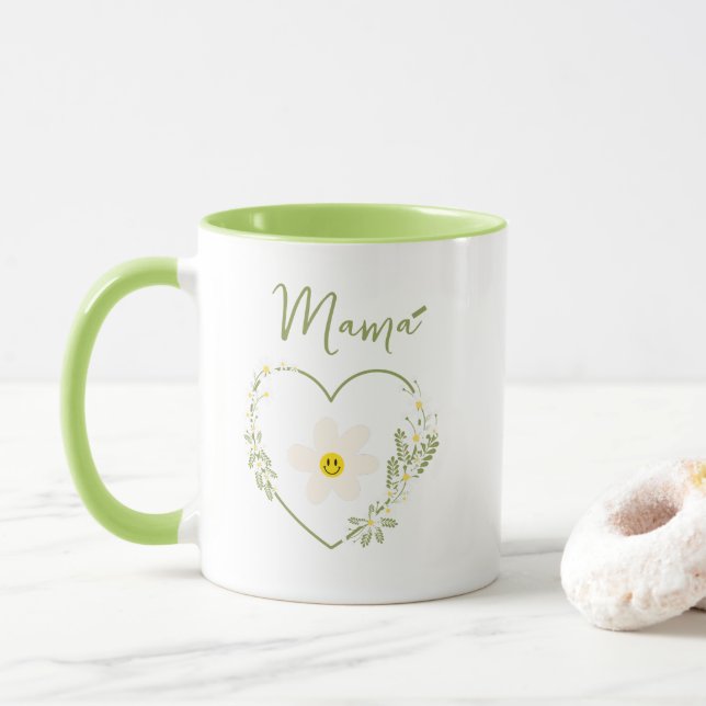 Mug Coeur Fleur Rétro, Visage heureux, maman espagnole (Avec donut)