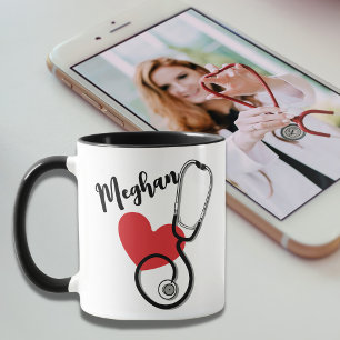Mug Coeur rouge Stethoscope Nom Infirmière Docteur Caf