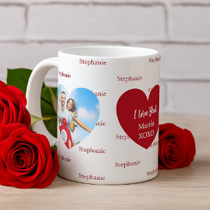 Mug Cœurs blancs rouges nom de photo je t'aime