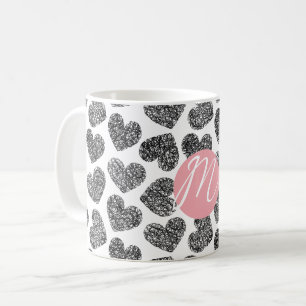Mug Coeurs de Doodle Noir et Blanc modernes Monogramme