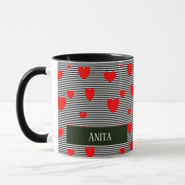Mug Coeurs et rayures rouges personnalisés (Gauche)