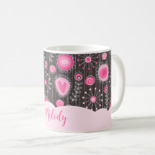 Mug Coeurs gris rose blanc et nom fleuri