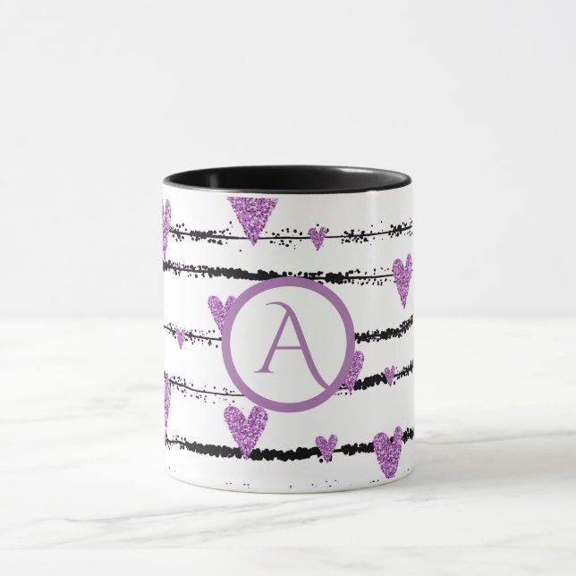 Mug Coeurs pourpres blanc rayures noires monogramme (Centre)