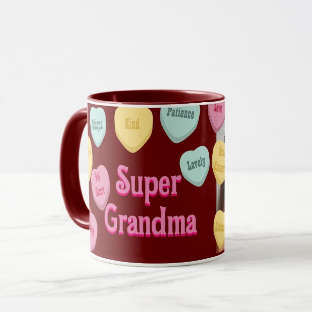 Mug Coeurs rouges et message photo | Super grand-mère (Devant gauche)