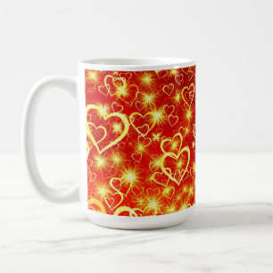 Mug Cœurs scintillants jaune doré sur fond rouge