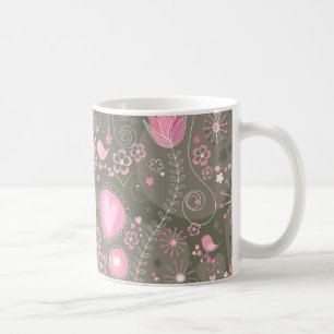 Mug Coeurs Whimsical rose et gris, oiseaux et fleurs