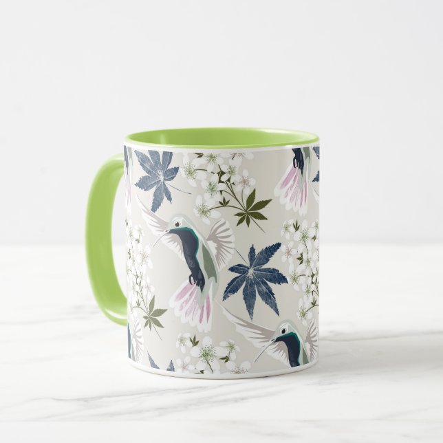 Mug Colibris et fleurs blanches. (Devant gauche)