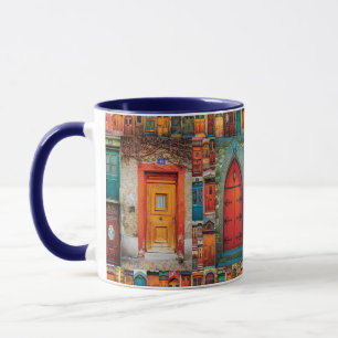 Mug Collage d'art de porte vintage orange bleu rouge