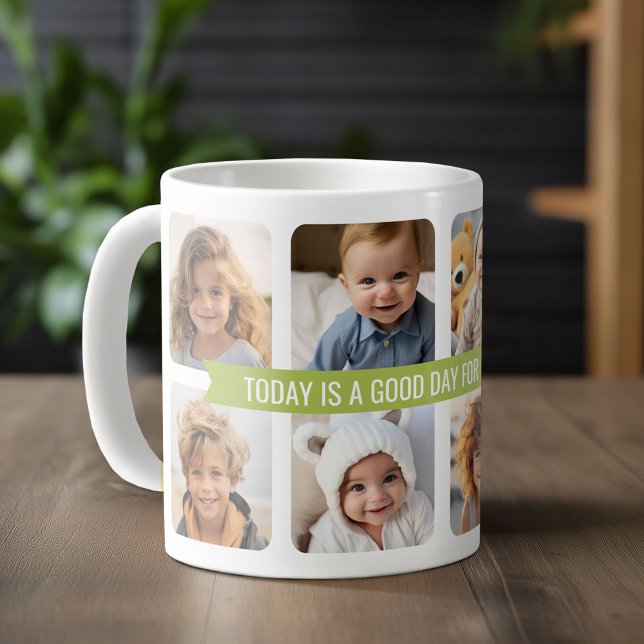 Mug Collage de 8 photos avec ruban texte personnalisé  (Custom Photo Mug)