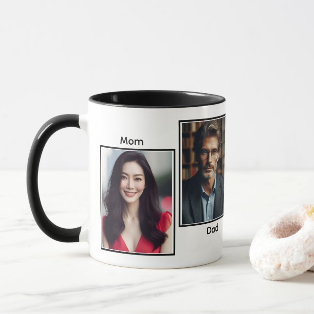 Mug Collage de famille de quatre photos customisé noir (Avec donut)