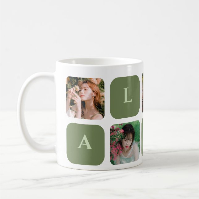 Mug Collage moderne Vert Pastel Couleur Nom photo (Gauche)