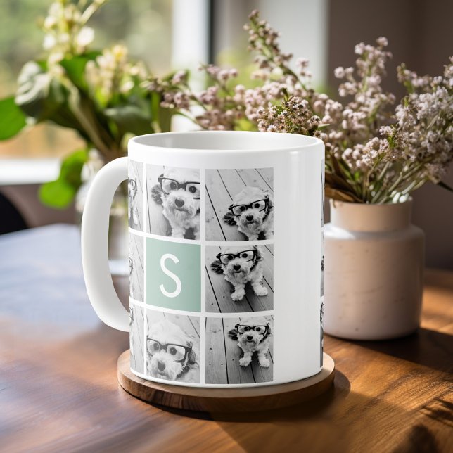 Mug Collage photo de menthe et blanc avec Monogramme (Mug template with a place for photos and custom text)