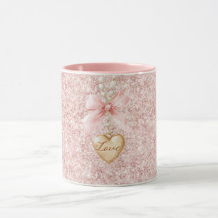 Mug Collier Cœur Amour Paillettes Nœud Rose  