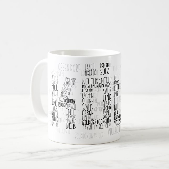 Mug Cologne Allemagne Word Art, Stadtteile Köln  (Devant gauche)
