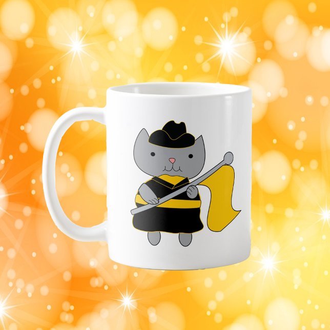 Mug Color Guard Cat Black and Yellow Gold (A mug with a cute gray cat wearing a black and yellow gold color guard uniform.)