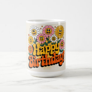 Mug Conception florale rétro groovy joyeux anniversair