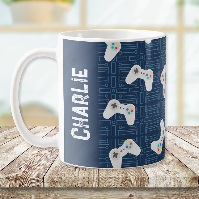 Mug Contrôleur de jeu vidéo Nom de monogramme bleu (Créateur téléchargé)