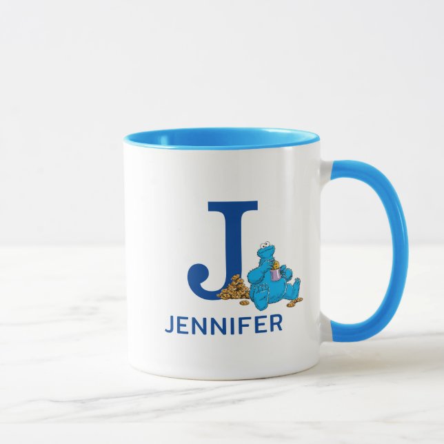 Mug Cookie Monster Manger Cookies Nom et monogramme J (Droite)