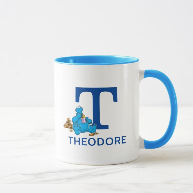 Mug Cookie Monster Manger Cookies Nom et monogramme T (Droite)