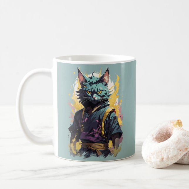 Mug Cool Feu Splash Gris Ninja Chat Guerrier (Avec donut)