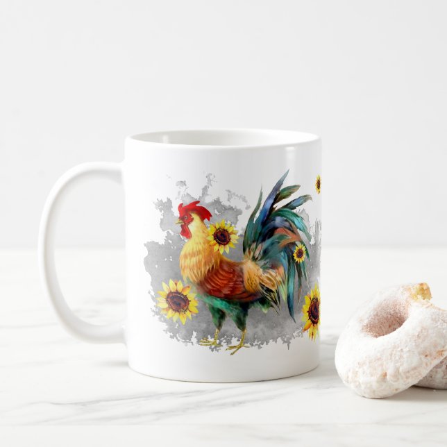 Mug Coq avec tournesol Aquarelle personnalisée (Avec donut)