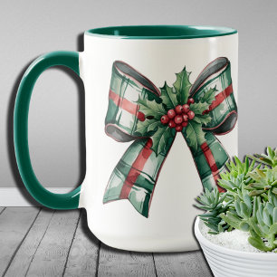 Mug Coquette Christmas Bow Holly Feuille Tartan Plaid