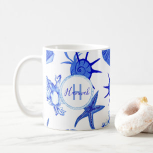 Mug Coquillage bleu mélangé motif-nom monogramme perso