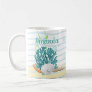 Mug Corail bleu, coquillages et perle bleue