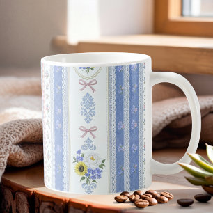 Mug Cottagecore Bleu Rose Floral Dentelle Vintage