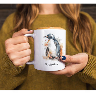 Mug Coucher de soleil Aquarelle Pingouin, personnalisé