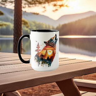 Mug Coucher de soleil double exposition loup hurlant