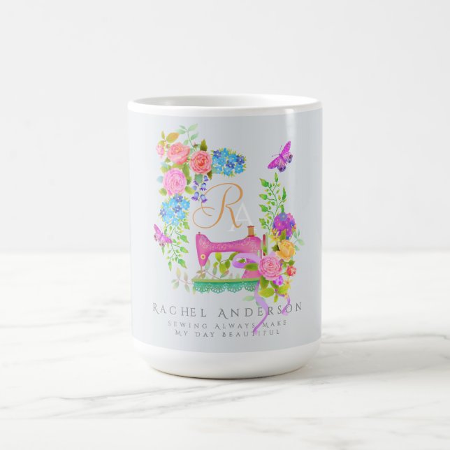 Mug Coudre du ruban Floral Monogramme Gris (Centre)