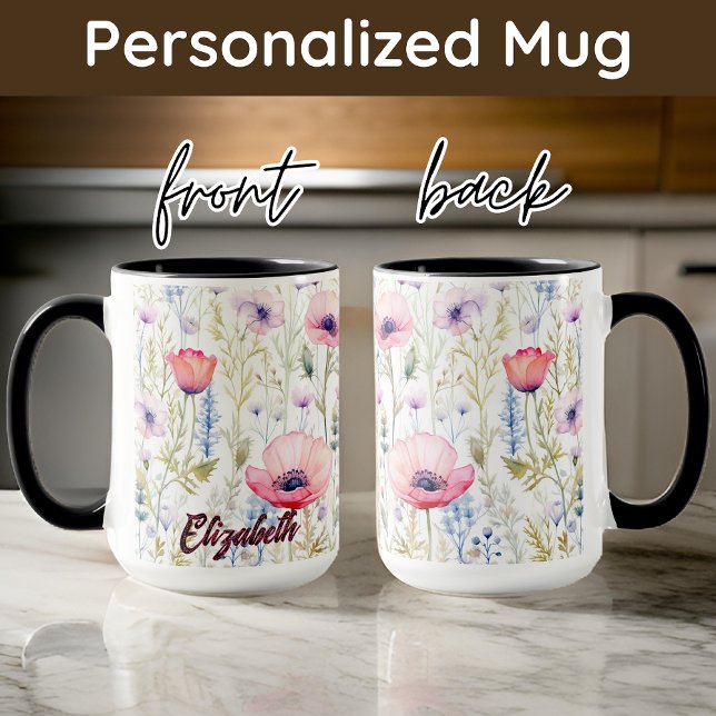 Mug Couleur d'aquarelle personnalisée fleur sauvage mu (Birthday gift for her, birthday mug for mom, watercolor floral gift for women, custom mug for her)
