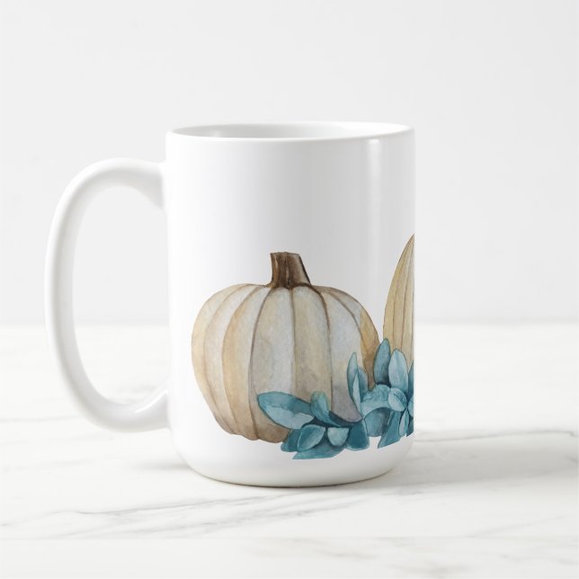 MUG COULEUR D'EAU CHUTE BLANC CITROUILLES & FLEURS BLE (Gauche)