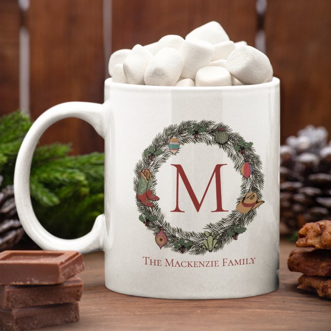 Mug Country Christmas Wreath Family Photo (Custom Country Xmas Mug. Hand-Drawn Wreath with Cowboy Boots, Hat, Vintage Ornaments & Cacti.)