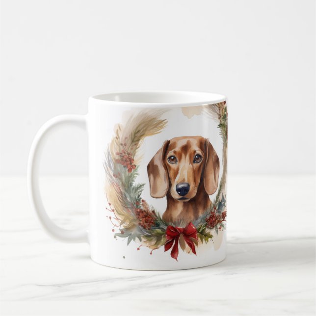 Mug Coupe de fête de la couronne de Noël de Dachshund (Gauche)