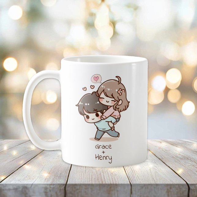 Mug Couple personnalisé de style Chibi (Sweet Personalized Chibi-style Playful Couple Mug)