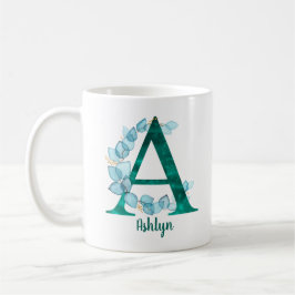 Mug Couronne de eucalyptus bleu Lettre A turquoise 