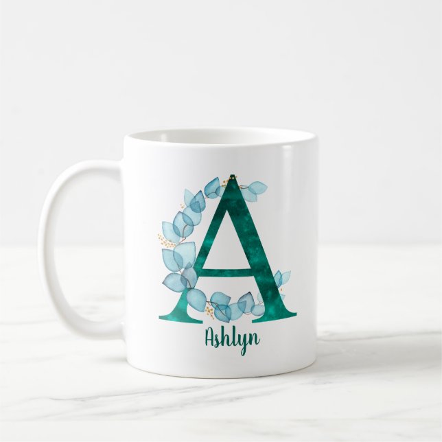 Mug Couronne de eucalyptus bleu Lettre A turquoise  (Gauche)