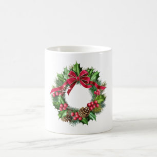 Mug Couronne de Noël élégante avec nœud rouge, houx et
