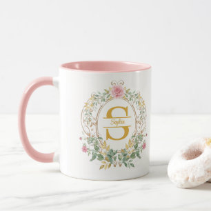 Mug Couronne florale aquarelle Monogramme initiale or