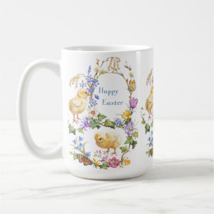 Mug Couronne florale de poussins à l'aquarelle pour Pâ